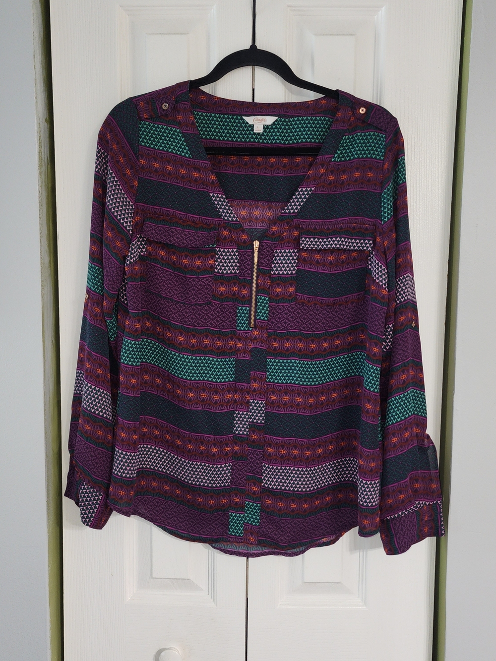 Candie's Purple and Teal Zip-Front Blouse Size L